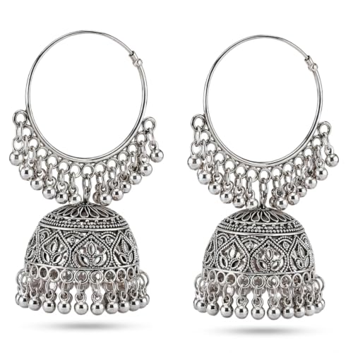 SIA RATNA Oxidised Silver Plated Big Hoop Jhumka Earrings for Women & Girls | Traditional Ethnic Indian Jewellery for Wedding, Party & Casual Wear