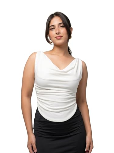 Istyle Can Women Solid Cowl Neck Sleeveless Slim Fit Crop Top - White | Party Casual | Style 341Gi | Polyester Stretchable Top