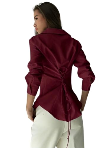 OOMPH! Women Solid Cotton Shirt with Back Tie-Up Detail | Corset Style | Cinched Waist Shirt | Cotton Formal Shirt