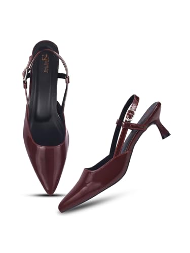 Froh Feet Women’s Kitten Heel Slingback Heel | Pointed Toe Patent Dress Shoes with Adjustable Strap - Cherry