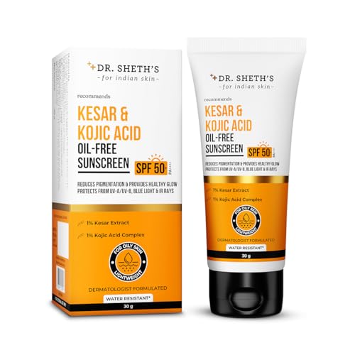 Dr. Sheth's Kesar & Kojic Acid Oil-Free Sunscreen SPF 50+ Pa++++ |In-Vivo Tested | For Pigmentation-Free Skin | Lightweight & Non Greasy | For UVA/UVB & Blue Light & IR Protection | No White Cast | F…