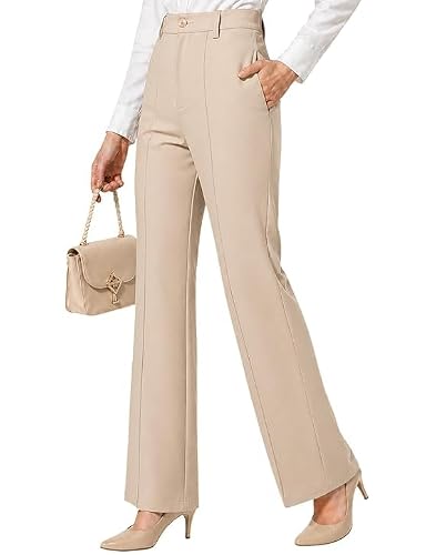 Premium Women’s Formal Trousers | Straight Fit Office Wear Pants | 2 Side Pockets | High Waist Comfortable Workwear Pant for Women (in, Numeric, 30, Regular, Beige)
