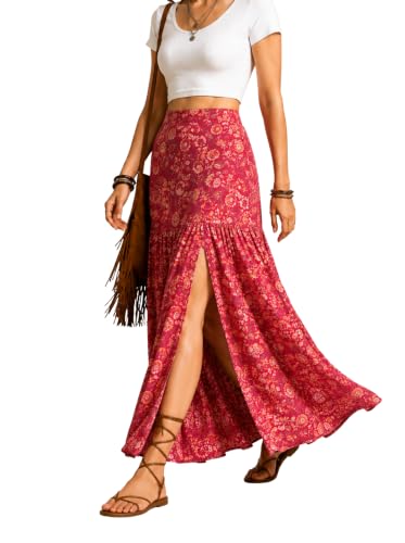 Kalaanj Women's Cotton Rich Printed Ethnic Skirt - Skirts for Women | Side Slit Skirt | Skirts for Woman, Zoya Red,2XL
