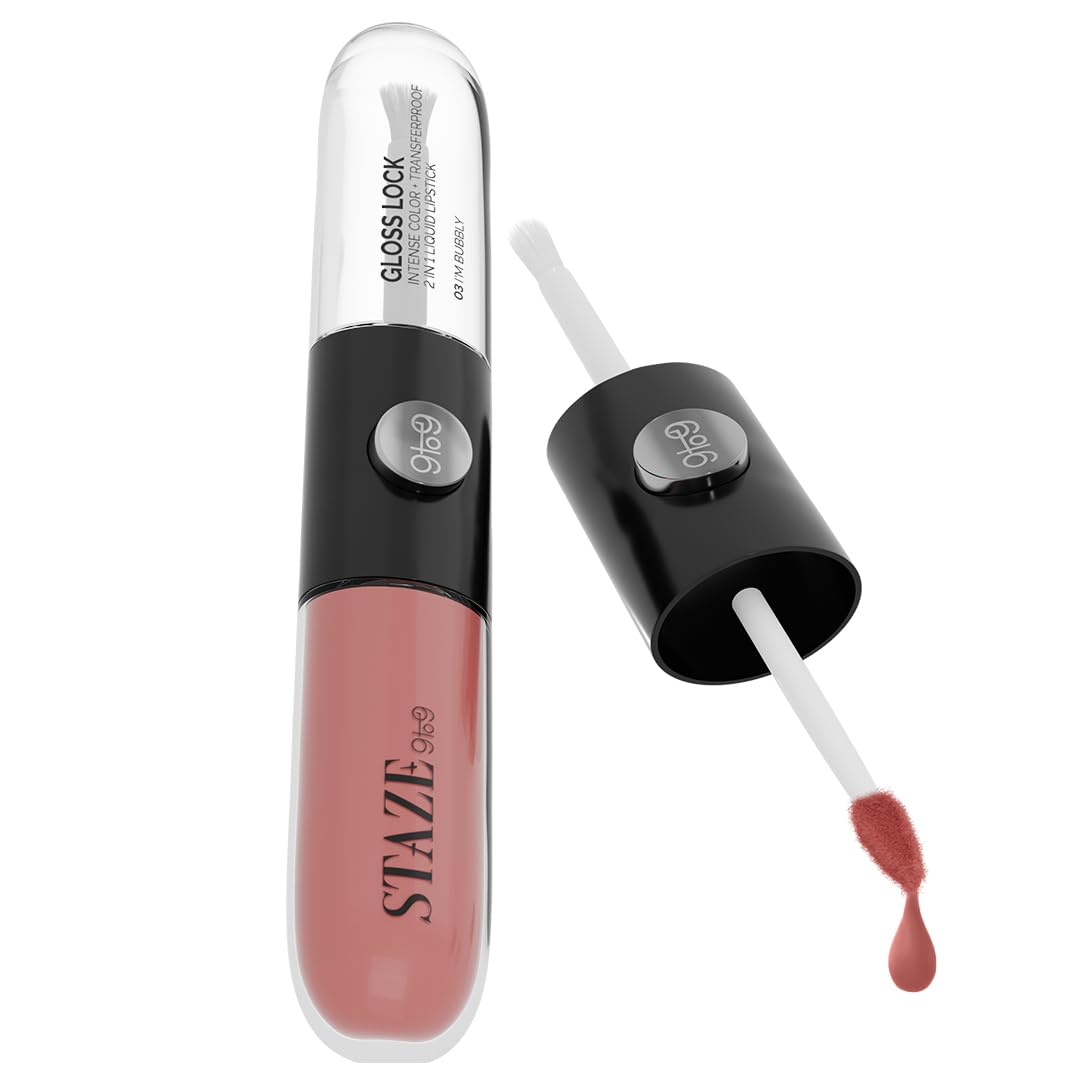 Staze Gloss Lock 2-in-1 Liquid Lipstick | Matte Lipstick + High-Shine Transferproof Gloss | 12H Long-lasting | Intense Pigment | Lightweight & Waterproof | 03 I'm Bubbly | 7g